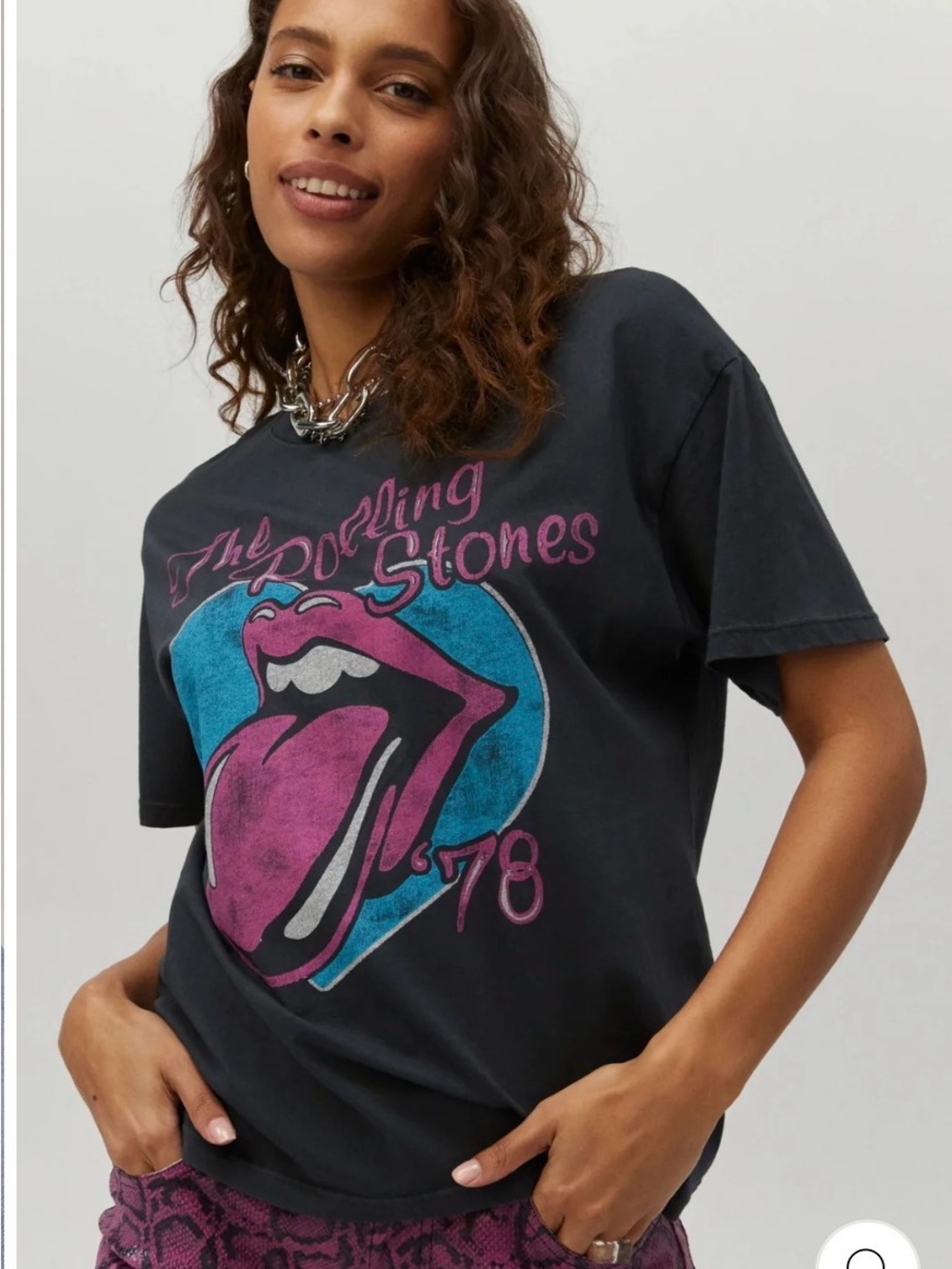 Daydreamer The Rolling Stones 78 Graphic Tee - Black with Pink & Blue Print